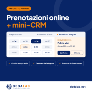 Sito Web Applicazione Portale per prenotazioni online e Pannello di Gestione Appuntamenti per Centri Estetici, Saloni, Tattoo, Massaggi, Parrucchieri, Palestre con disponibilità slot in tempo reale, prenotazione da smartphone e gestione da Telegram